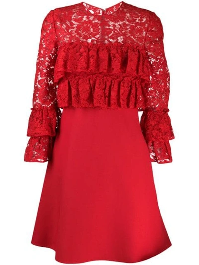 Valentino Gerüschtes Kleid Mit Spitze In Red