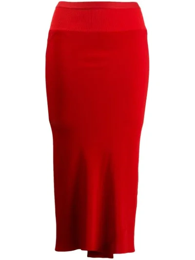 Rick Owens Ribbed Knit-trimmed Crepe De Chine Midi Skirt In Red