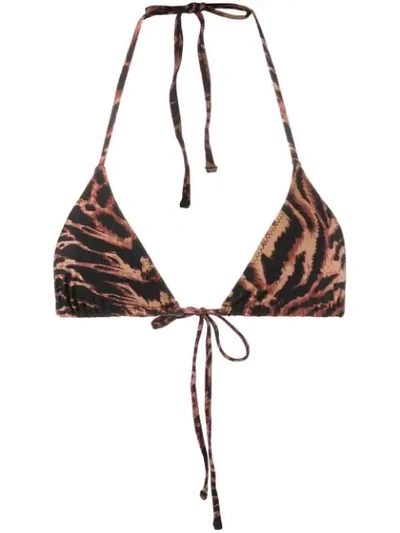 Ganni Tiger-print Triangle Bikini Top In Brown