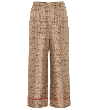 Fendi Printed Silk-twill Wide-leg Pants In Beige