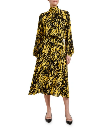 N°21 Animal-print High-neck Blouson-sleeve Midi Dress In Black,yellow