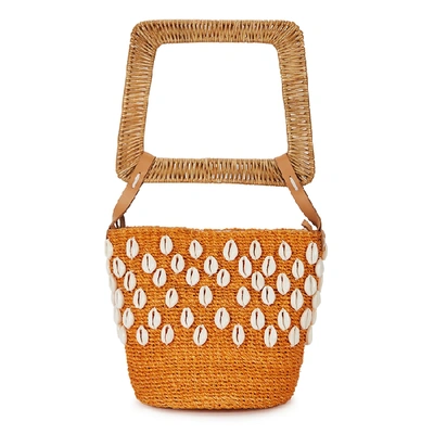 Aranaz Kaia Orange Shell-embellished Raffia Bucket Bag