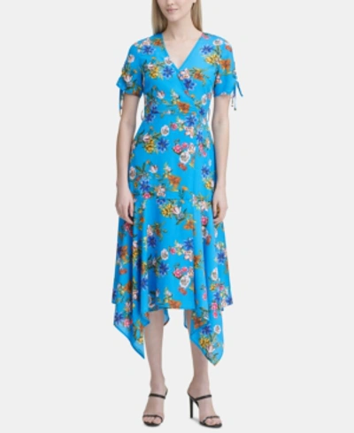 Calvin Klein Printed Handkerchief-hem Faux-wrap Dress In Ocean Multi