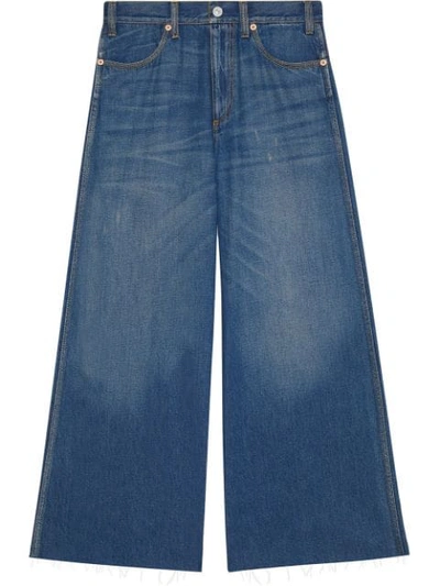 Gucci Patch Embellished Crop Wide Leg Jeans In Blue
