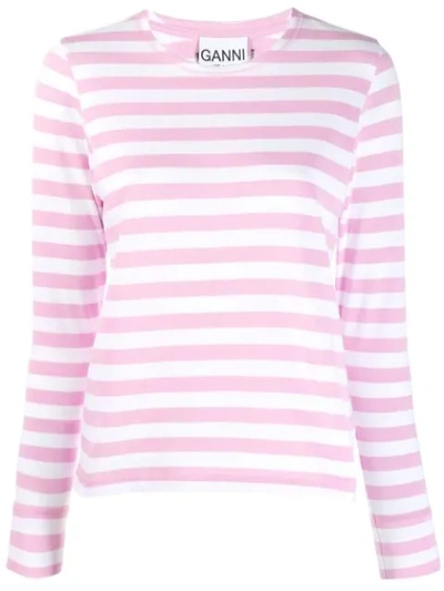 Ganni Striped Cotton Jersey Top In Moonlight Mauve In Pink