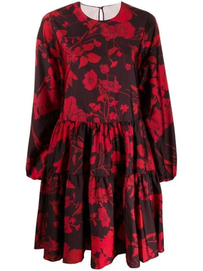 Valentino Floral Print Long Sleeve Tiered Faille Minidress In Black