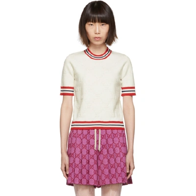 Gucci Gg Web-stripe Wool-blend Short-sleeved Sweater In Ivory/ Red