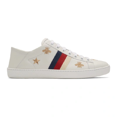 Gucci Ace Embroidered Leather Collapsible-heel Trainers In Gold Tone,white