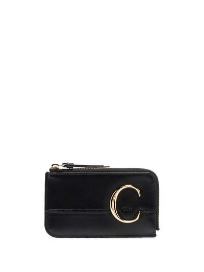 Chloé C-monogram Leather Card And Coin Purse In Black