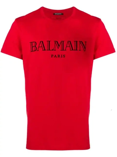 Balmain Logo Printed Cotton Jersey T-shirt In Red