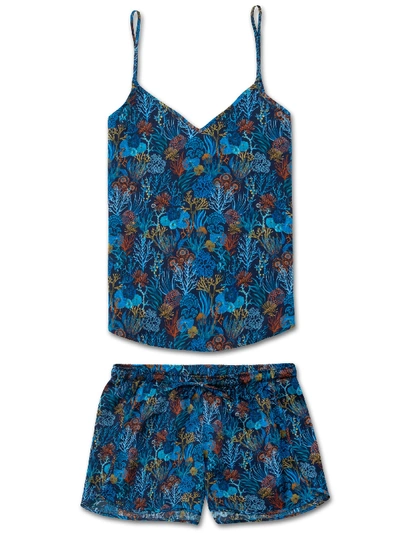 Derek Rose Women's Cami Short Pyjama Set Brindisi 42 Pure Silk Satin Multi In Blue