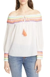 ALICE AND OLIVIA SHARYL RAINBOW STRIPE OFF THE SHOULDER PEASANT BLOUSE,CC904D59017