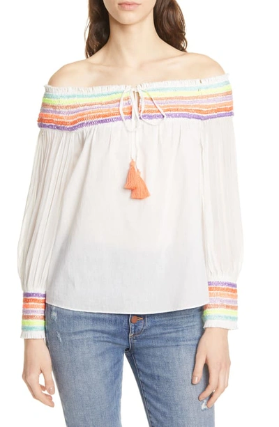 Alice And Olivia 'sharyl' Tassel Tie Rainbow Stripe Off-shoulder Peasant Blouse In Off White/ Multi
