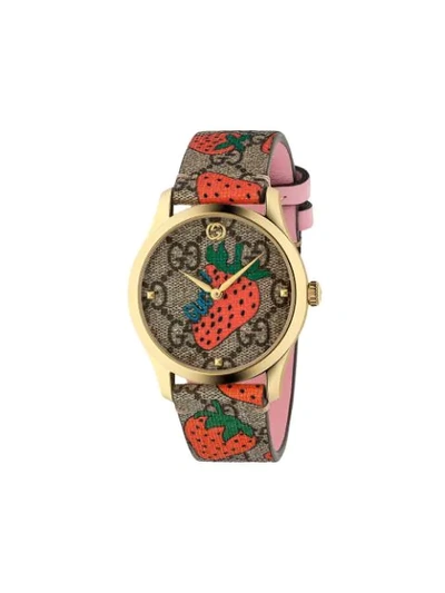 Gucci G-timeless Contemporary Strawberry Goldtone Pvd Watch In Red/green