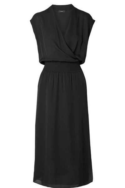 Theory Draped Surplice Short-sleeve Midi Silk Dress In Black