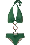 ADRIANA DEGREAS CULT GAIA RING-EMBELLISHED CUTOUT HALTERNECK SWIMSUIT