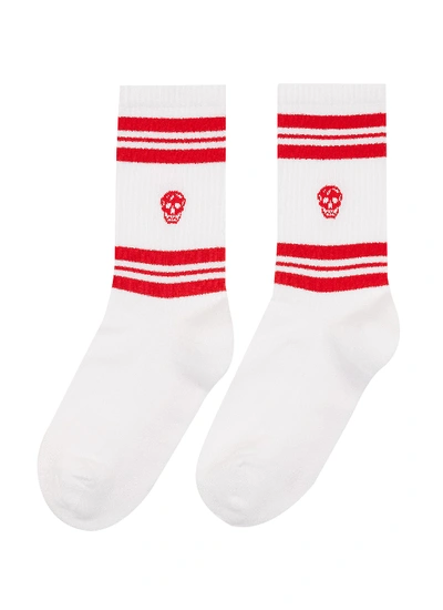 Alexander Mcqueen Stripe Skull Socks In White / Red