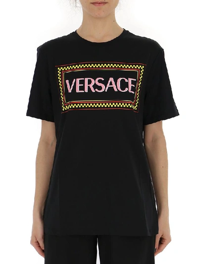 Versace Logo Printed Cotton Jersey T-shirt In Black