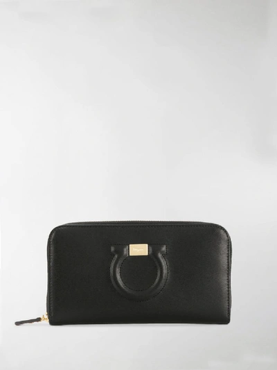 Ferragamo Large Continental Zip Around In Leather In Black