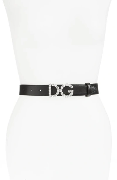 Dolce & Gabbana Calfskin Belt With Dg Crystals Logo In Nero
