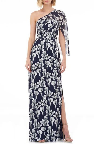 Kay Unger One-shoulder Capelet Gown In Navy Multi