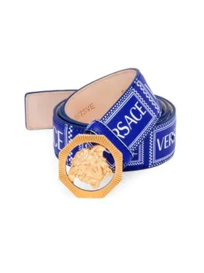 Versace Medusa Buckle Logo Leather Belt In Blue