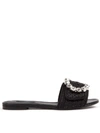 DOLCE & GABBANA BLACK LEATHER & VISCOSE JEWEL SLIDER SANDAL,10968956