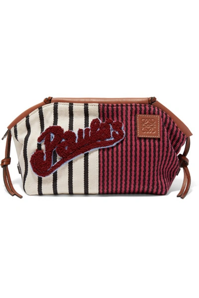 Loewe Paula's Ibiza Cushion Appliquéd Leather-trimmed Striped Canvas Pouch In Burgundy