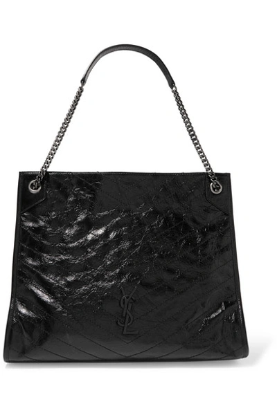 Saint Laurent Niki Large Quilted Crinkled Glossed-leather Tote In Black