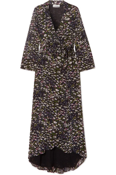 Ganni The Pav Asymmetric Floral-print Chiffon Midi Wrap Dress In Black