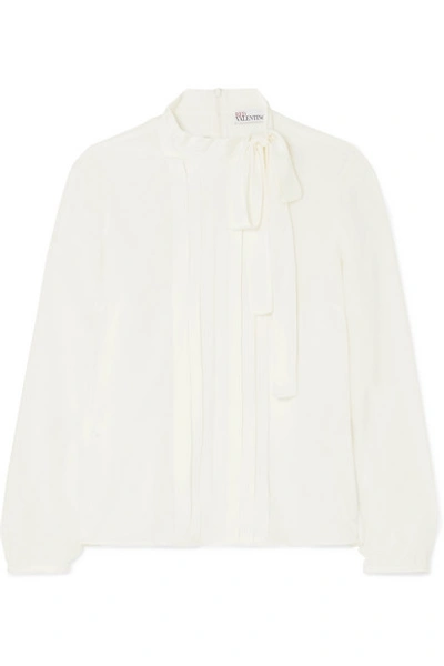 Red Valentino Pussy-bow Pintucked Silk Crepe De Chine Blouse In White