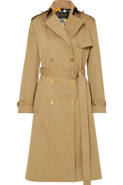 Versace Paneled Double-breasted Gabardine Trench Coat In Beige