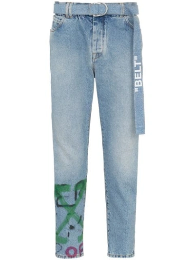 Off-white Slim-fit Tapered Belted Spray-painted Denim Jeans In Blue