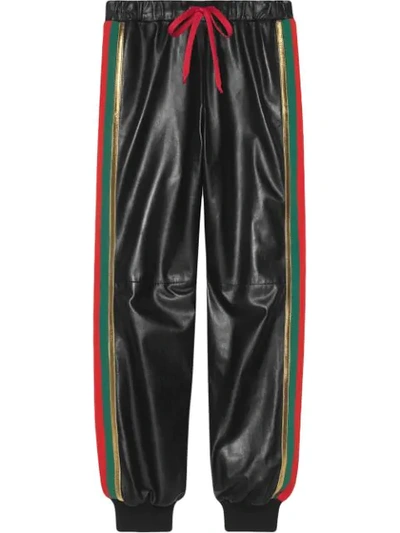 Gucci Leather Jogging Trouser With Web In Black