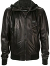 Dolce & Gabbana Leather Jacket With Hood And Branded Plate In Black