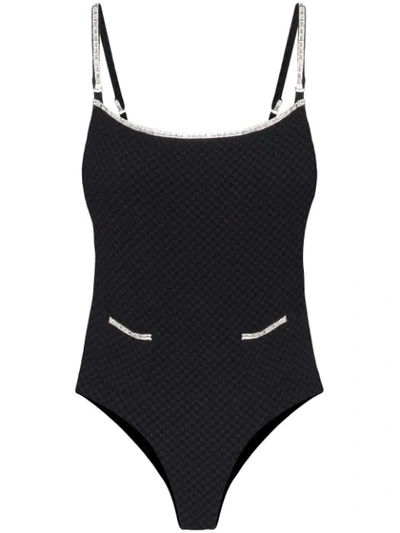 Leslie Amon Coco Swarovski Crystal-embellished Seersucker Swimsuit In Black