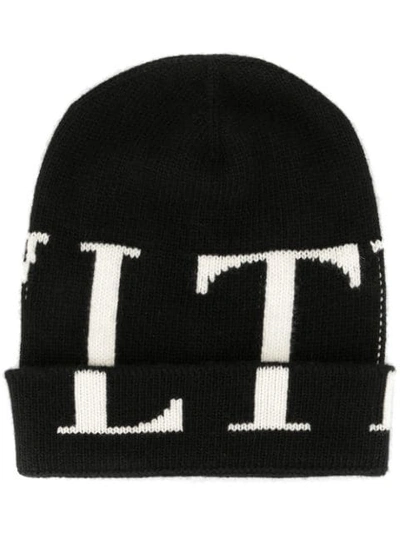 Valentino Garavani Vltn Logo Wool Jacquard Beanie In Nero/avorio