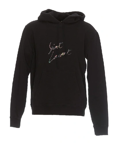 Saint Laurent Destroyed Logo-printed Cotton Hooded Sweatshirt In Black