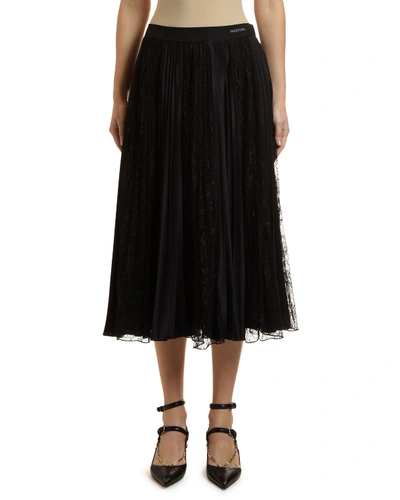 Valentino Pleated Tech Jersey & Lace Skirt In Black
