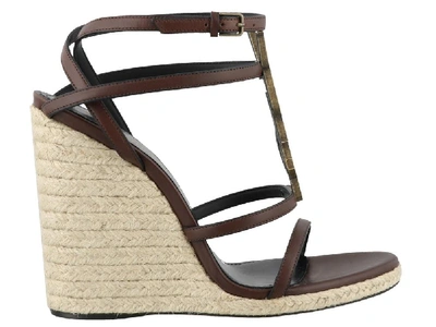 Saint Laurent Logo-embellished Leather Espadrille Wedge Sandals In Brown