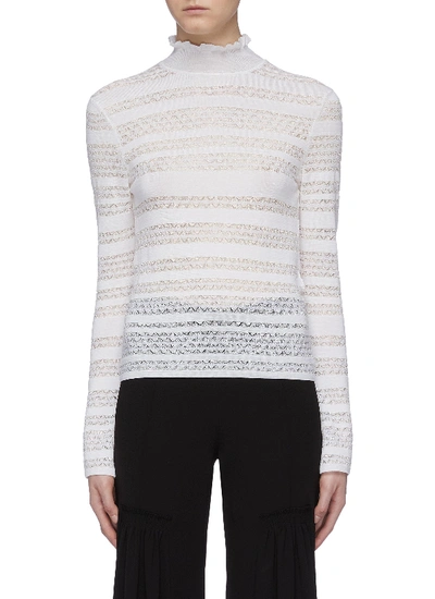 Chloé Mix Knit Ruffle High Neck Top In Off-white