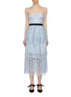 SELF-PORTRAIT Sequin floral tiered mesh strapless midi dress