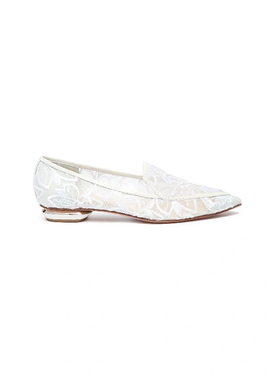 Nicholas Kirkwood 'beya' Floral Embroidered Metal Heel Mesh Skimmer Loafers In White / Floral Embroidered Mesh