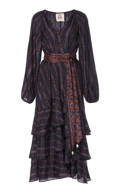 Figue Kira Ruffled Printed Silk-georgette Midi Dress In Black