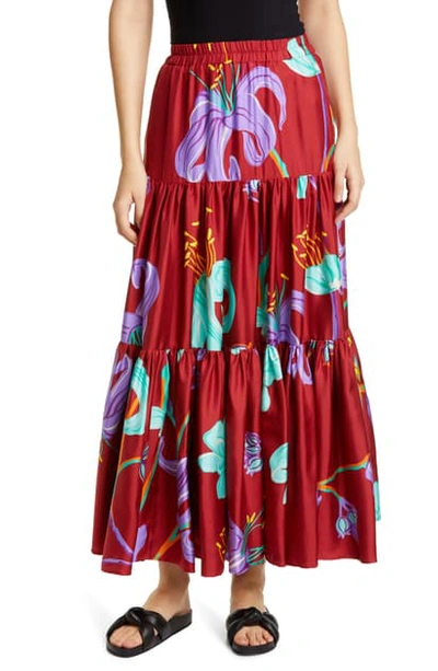 La Doublej Big Print Convertible Tiered Silk Maxi Skirt In Maneater Rosso