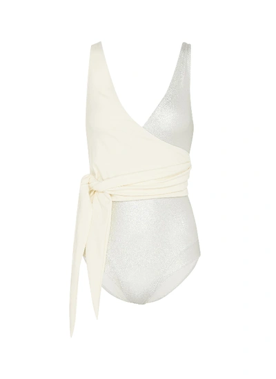 Lisa Marie Fernandez 'dree Louise' Colourblock Crepe Wrap One-piece Swimsuit In White