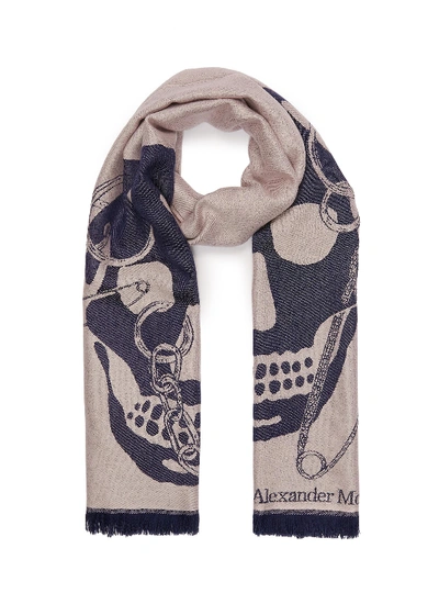 Alexander Mcqueen Chained Skull Wool Scarf In Dusty Pink / Navy