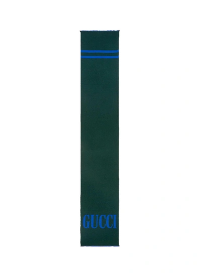Gucci Logo Stripe Wool Silk Scarf In Green