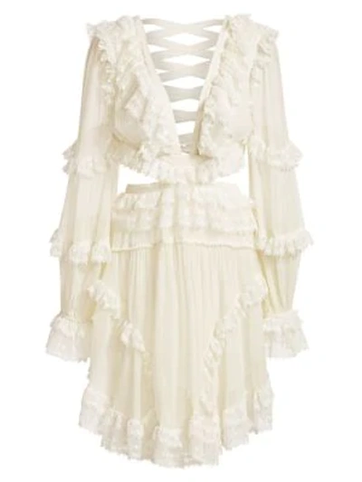 Zimmermann Suraya Cutout Lace-trimmed Flocked Silk Dress In Ivory