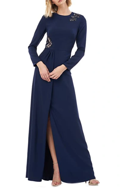 Kay Unger Long Sleeve Stretch Crepe Gown In Navy